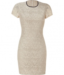 Make an effortlessly elegant summer statement in LAgences beige mini dress - On-trend, floral lace overlay - Fitted, ultra-feminine silhouette tapers through waist - Pencil skirt hits above the knee - Short sleeves and round neck with decorative black ribbon tie - Sweet yet sophisticated, perfect for pairing with a clutch and peep toe pumps or strappy leather sandals