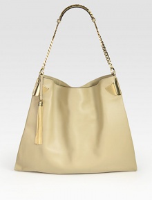 Rich leather finished with a chain strap and tassel detail.Shoulder strap, 10 dropTop snap closureOne inside zip pocketTwo inside open pocketsNatural linen lining15W X 13H X 2DMade in Italy Rich leather finished with a chain strap and tassel detail.Shoulder strap, 10 dropTop snap closureOne inside zip pocketTwo inside open pocketsNatural linen lining15W X 13H X 2DMade in Italy