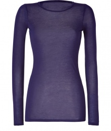 Ground your cool weather casual wardrobe with stylish staples like this purple long sleeve tee from Closed - Crafted from a super-soft, semi-sheer modal, cashmere and silk blend - Long, lean cut, hits below hips - Fitted sleeves and flattering round neck - Wear solo or layer with a blazer or pullover and pair with cigarette pants, jeans or A-line skirts