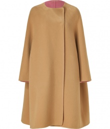 A pristine example of the contemporary Jil Sander look, this soft camel wool coat is a statement must-have for modern-minimalist wardrobes - collarless, seamed long dolman sleeves, hidden front snaps, side slit pockets, rose unlined interior - Oversized flared retro silhouette - Team with monochrome separates and jet black accessories A pristine example of the contemporary Jil Sander look, this soft camel wool coat is a statement must-have for modern-minimalist wardrobes - collarless, seamed long dolman sleeves, hidden front snaps, side slit pockets, rose unlined interior - Oversized flared retro silhouette - Team with monochrome separates and jet black accessories