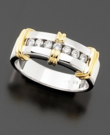 Seven round-cut diamonds (1/3 ct. t.w.) are channel-set between substantial bands of polished 14k white gold, accented with 14k yellow gold. Seven round-cut diamonds (1/3 ct. t.w.) are channel-set between substantial bands of polished 14k white gold, accented with 14k yellow gold.