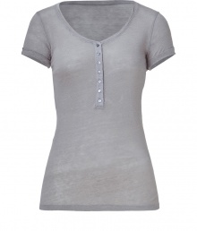 Amp up your casual basics with this easy-to-style flattering short sleeve henley from Majestic - Scoop neck, front button half placket, short sleeves, slim fit - Pair with skinnies, a draped cardigan, and platform booties or with denim cut-offs and platform sandals for a casual warm weather look