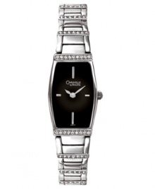 Studded with rhinestones, this elegant watch from Caravelle by Bulova wears like a jewel. Silvertone mixed metal bracelet with crystal accents. Cushion-shaped mixed metal case and black dial with logo and stick indices. Quartz movement. Moisture resistant. Two-year limited warranty. Studded with rhinestones, this elegant watch from Caravelle by Bulova wears like a jewel. Silvertone mixed metal bracelet with crystal accents. Cushion-shaped mixed metal case and black dial with logo and stick indices. Quartz movement. Moisture resistant. Two-year limited warranty.