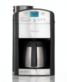 Back to the grind! Start your day with the aromatic experience of fresh-ground coffee with Capresso's thermal carafe coffee maker. The conical burr grinder produces more uniform grinds than blade-type grinders, resulting in a more flavorful brew. Easy to program with three coffee strength settings, the CoffeeTEAM GS ensures your day gets off to the right start. One-year limited warranty. Model 465. Back to the grind! Start your day with the aromatic experience of fresh-ground coffee with Capresso's thermal carafe coffee maker. The conical burr grinder produces more uniform grinds than blade-type grinders, resulting in a more flavorful brew. Easy to program with three coffee strength settings, the CoffeeTEAM GS ensures your day gets off to the right start. One-year limited warranty. Model 465.