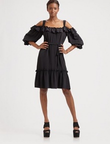 An ultra-feminine frock in supple silk, ruffled throughout and finished with skin-baring shoulders.Gathered shoulder strapRuffled off-the-shoulder necklineGathered blouson sleevesGathered sleevesRuffled hemAbout 23 from natural waistSilkDry cleanImported