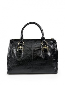THE LOOKRectangle silhouetteDouble top handlesTop zip closureCrinkle patent leather designGoldtone hardware Seam detailsProtective metal feetOne inside zip pocketTwo inside open pocketsTHE FITDouble top handles, 7 drop14W X 8H X 9½DTHE MATERIALPatent leatherCotton logo liningORIGINImported THE LOOKRectangle silhouetteDouble top handlesTop zip closureCrinkle patent leather designGoldtone hardware Seam detailsProtective metal feetOne inside zip pocketTwo inside open pocketsTHE FITDouble top handles, 7 drop14W X 8H X 9½DTHE MATERIALPatent leatherCotton logo liningORIGINImported