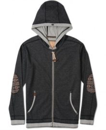 Here's what happens when a hooded sweatshirt comes with elbow patches, a zip-up front, contrast lining and all the other bells and whistles that usually belong to jackets: Zip Hoody Sweatshirt from Triple Fat Goose.