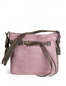 THE LOOKAdjustable contrast double shoulder strap with smooth leather shoulder padContrast logo ID tagTop zip closureContrast wrap-around buckle beltLeather-covered protective feetOne inside zip pocketOne inside open pocketInside logo detailTHE MEASUREMENTAdjustable shoulder strap, 18-20 drop13W X 13H X 3DTHE MATERIALCalfskinSuede liningORIGINImported THE LOOKAdjustable contrast double shoulder strap with smooth leather shoulder padContrast logo ID tagTop zip closureContrast wrap-around buckle beltLeather-covered protective feetOne inside zip pocketOne inside open pocketInside logo detailTHE MEASUREMENTAdjustable shoulder strap, 18-20 drop13W X 13H X 3DTHE MATERIALCalfskinSuede liningORIGINImported
