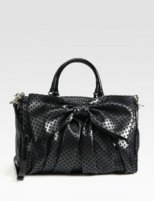 A dramatic bow is at the center of this top-handle bag crafted of faux leather, with patent leather accents and a versatile shoulder strap. Double patent leather top handles, 5 dropAdjustable detachable patent leather shoulder strap, 23¼-25¼ dropTop zip closureProtective metal feetOne inside zip pocketTwo inside open pocketsCotton lining13¼W X 8½H X 6DMade in Italy A dramatic bow is at the center of this top-handle bag crafted of faux leather, with patent leather accents and a versatile shoulder strap. Double patent leather top handles, 5 dropAdjustable detachable patent leather shoulder strap, 23¼-25¼ dropTop zip closureProtective metal feetOne inside zip pocketTwo inside open pocketsCotton lining13¼W X 8½H X 6DMade in Italy