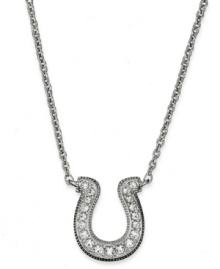 Your lucky charm. Eliot Danori's pendant necklace combines shimmering sparkling crystals and a horseshoe design. Set in rhodium-plated mixed metal. Approximate length: 16 inches + 2-inch extender. Approximate drop: 1/2 inch. Your lucky charm. Eliot Danori's pendant necklace combines shimmering sparkling crystals and a horseshoe design. Set in rhodium-plated mixed metal. Approximate length: 16 inches + 2-inch extender. Approximate drop: 1/2 inch.
