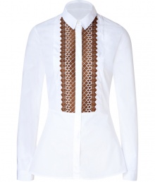 Luxe button down in fine, pure white cotton - Fitted, ultra-feminine cut tapers at waist - Chic, on-trend peplum detail at back - Elegant chocolate embroidery at shirt front - Small collar and covered button placket - Fashionable and flattering, perfect for both work and play - Pair with cropped trousers, a pencil skirt or skinny jeans