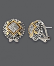 Beautifully crafted earrings to frame your face. These ornate stud earrings from Balissima by Effy Collection feature round-cut diamonds (1/4 ct. t.w.) in a diamond-shaped pattern. Setting features filigree sterling silver and 18k gold accents. Earrings have a post stud backing with clip. Approximate diameter: 11/16 inch. Beautifully crafted earrings to frame your face. These ornate stud earrings from Balissima by Effy Collection feature round-cut diamonds (1/4 ct. t.w.) in a diamond-shaped pattern. Setting features filigree sterling silver and 18k gold accents. Earrings have a post stud backing with clip. Approximate diameter: 11/16 inch.
