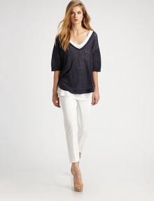 This airy, soft silk/linen knit style is carefully dotted with tiny, delicate sequins.Deep V neckline Short sleeves with rib-knit cuffsSequin detailsCurved hemlineAttached underlayV back75% linen/25% silkDry cleanMade in Italy of imported fabricModel shown is 5'9½ (176cm) wearing US size Small. This airy, soft silk/linen knit style is carefully dotted with tiny, delicate sequins.Deep V neckline Short sleeves with rib-knit cuffsSequin detailsCurved hemlineAttached underlayV back75% linen/25% silkDry cleanMade in Italy of imported fabricModel shown is 5'9½ (176cm) wearing US size Small.