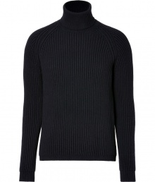 Stylish knitted sweater in a navy wool-silk blend - Modern with a classic ribbed look, slim cut, long sleeves and turtle neck - Perfect basic piece for everyday - Wear solo or as a layering piece - Try with jeans, chinos or suit pants Stylish knitted sweater in a navy wool-silk blend - Modern with a classic ribbed look, slim cut, long sleeves and turtle neck - Perfect basic piece for everyday - Wear solo or as a layering piece - Try with jeans, chinos or suit pants