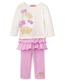 Juicy Couture teams a colorful crown-enriched cream top with skirted pink leggings--a sassy set fit for your little princess.