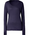 Ground your cool weather casual wardrobe with stylish staples like this dark purple long sleeve t-shirt from Closed - Crafted from super-soft, pure cotton and gently distressed for a look of well-worn chic - Long, lean cut, hits below hips - Fitted sleeves and flattering scoop neck - Wear solo or layer with a blazer or pullover and pair with cigarette pants, jeans or A-line skirts