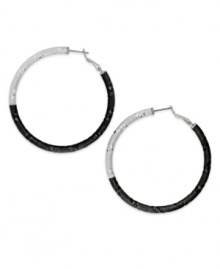 Finish off your party look with a little texture. Bar III's hoop earrings get a modern upgrade with dark hues and textured detail. Crafted in silver and hematite tone mixed metal. Approximate diameter: 2-1/4 inches. Finish off your party look with a little texture. Bar III's hoop earrings get a modern upgrade with dark hues and textured detail. Crafted in silver and hematite tone mixed metal. Approximate diameter: 2-1/4 inches.