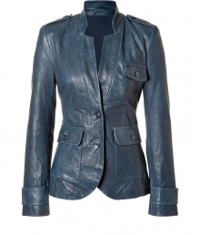 Add a lick of leather to your retro-chic outerwear with Rachel Zoes cool blue lambskin jacket - Notched collar, long sleeves, belted cuffs, buttoned epaulettes, buttoned flap pockets, buttoned front, double back vents - Tailored fit - Wear over everything from cocktail dresses to elevated jeans-and-tee ensembles Add a lick of leather to your retro-chic outerwear with Rachel Zoes cool blue lambskin jacket - Notched collar, long sleeves, belted cuffs, buttoned epaulettes, buttoned flap pockets, buttoned front, double back vents - Tailored fit - Wear over everything from cocktail dresses to elevated jeans-and-tee ensembles