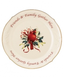Begin a cherished holiday tradition with this sentimental Winter Greetings dessert platter. A red cardinal perched on ribbon-wrapped holly is fresh and lively on snowy white china. With embossed holly detail and the heart-warming phrase, Friends & Family Gather Here. From Lenox's collection of serveware and serving dishes. Begin a cherished holiday tradition with this sentimental Winter Greetings dessert platter. A red cardinal perched on ribbon-wrapped holly is fresh and lively on snowy white china. With embossed holly detail and the heart-warming phrase, Friends & Family Gather Here. From Lenox's collection of serveware and serving dishes.