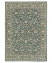 Cool and cordial, this sweet Karastan area rug welcomes you to the most comfortable spot in your home. A lane-blue ground is trimmed with soft beige patterns in a pleasing design inspired by antique English manor house rugs. Wool construction with cotton foundation for added strength and softness. Cool and cordial, this sweet Karastan area rug welcomes you to the most comfortable spot in your home. A lane-blue ground is trimmed with soft beige patterns in a pleasing design inspired by antique English manor house rugs. Wool construction with cotton foundation for added strength and softness.