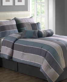Sumptuous stripes. This jacquard woven Essex comforter set boasts bold stripes and luxuriant texture in sleek hues. Comes complete with coordinating shams, European shams and decorative pillows for a dramatic appeal. A solid bedskirt finishes this timeless look. Sumptuous stripes. This jacquard woven Essex comforter set boasts bold stripes and luxuriant texture in sleek hues. Comes complete with coordinating shams, European shams and decorative pillows for a dramatic appeal. A solid bedskirt finishes this timeless look.