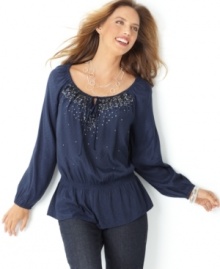 This Charter Club peasant top combines a little sparkle with breezy boho styling, thanks to a relaxed fit and sequins at the chest!