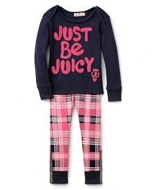 She'll get super cozy in Juicy Couture's Just Be Juicy logo pajama set, featuring a comfy longsleeve top and ruffled plaid pant. She'll get super cozy in Juicy Couture's Just Be Juicy logo pajama set, featuring a comfy longsleeve top and ruffled plaid pant.