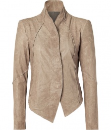 Sophisticated jacket in fine leather with a trendy worn look - Elegant in warm beige - Sleek with sharp-cut silhouette, short back and narrow fit - With high neck and concealed fastener strip - Long sleeves - Decorative seams - Feminine and sexy in the day or evening - Try in place of a blazer for the office with a pencil skirt and blouse, or with jeans and boots for a more causal look - A lifetime investment piece