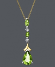 Make others green with envy. Sparkling peridot drops (1-5/8 ct. t.w) in pear and marquise-cuts are accented by round-cut diamond in a sterling silver and 14k gold setting. Approximate length: 18 inches. Approximate drop: 1-1/3 inches. Make others green with envy. Sparkling peridot drops (1-5/8 ct. t.w) in pear and marquise-cuts are accented by round-cut diamond in a sterling silver and 14k gold setting. Approximate length: 18 inches. Approximate drop: 1-1/3 inches.