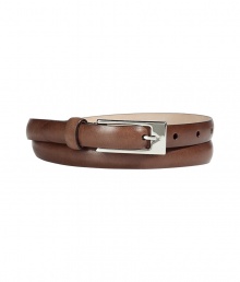Luxurious belt of fine, cocoa brown leather - An absolute It piece, because its feminine and crazy decorative - Slim shape, with an elegant, silver buckle - An ingenious upgrade for simple basics - Pair with a white blouse as well as a sharp top, mini skirt or a long cardigan Luxurious belt of fine, cocoa brown leather - An absolute It piece, because its feminine and crazy decorative - Slim shape, with an elegant, silver buckle - An ingenious upgrade for simple basics - Pair with a white blouse as well as a sharp top, mini skirt or a long cardigan