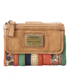 Stay organized with this boho beautiful wallet by Fossil. Free spirited neutral-tone patchwork and aged goldtone hardware add the perfect touches to this laid back style. Stay organized with this boho beautiful wallet by Fossil. Free spirited neutral-tone patchwork and aged goldtone hardware add the perfect touches to this laid back style.
