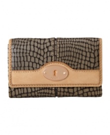 Spice things up with a daring snakeskin print wallet by Fossil. Gorgeous rose goldtone hardware and a signature front plaque add a polished allure to this wild design. Spice things up with a daring snakeskin print wallet by Fossil. Gorgeous rose goldtone hardware and a signature front plaque add a polished allure to this wild design.