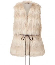 Chic natural vest in fine synthetic blend fur - An elegant and trendy must - Silhouette cuts close to the body - Sexy V-neckline and skinny ribbon belt at waist - Bohemian look channels 70s-era glamour - A truly versatile piece that pairs perfectly with long-sleeve blouses and shirts, skinny denim, pencil skirts and leather leggings