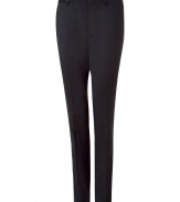 Elegant pants in fine, pure charcoal grey wool - Soft, lightweight fabric drapes beautifully - Modern silhouette is slim and straight - Crease detail from thigh to hem flatters and elongates the leg - Tab waist with belt loops - Slanted pockets at sides and welt pockets at rear - Polished and versatile, ideal for both work and play - Pair with a button down, a cashmere pullover or a t-shirt and blazer