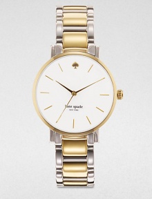 A sleek timepiece in a contrasting, two-tone design. Quartz movementWater resistant to 3 ATMRound goldtone stainless steel case, 34mm (1.3)Smooth bezelWhite dialDash hour markersSecond hand Two-tone stainless steel link braceletImported