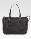 A sleek and structured design of canvas and leather, finished with dual straps for versatility.Double top handles, 8 dropTop zip closureOutside zip pocketsOne inside zip pocketOne inside open pocketCotton lining15W X 11H X 5DMade in Italy