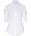 Both classic and cool with a flattering modern tailored fit, Steffen Schrauts white smoke sleeve shirt is a chic choice packed with wearing possibilities - Classic collar, ruched 3/4 sleeves with stitched cuffs, button-down front, shirttail hemline - Tailored fit - Wear with bright flats, slim-fit separates and a carryall tote to work