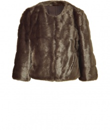 Tap into one of the seasons hottest tactile trends in animal-friendly style with DKNYs taupe faux fur jacket  - Shorter, slightly boxier cut - Open style, with long sleeves and round neck - Polished and ultra-chic, perfect for parties and evenings out - Pair with a cocktail dress and pumps, or with leather pants and ankle booties