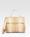 Rich snake-embossed leather tailored in a chic flap-front design.Top handle, 5¼ dropRemovable adjustable shoulder strap, 20-21¼ dropFlap closureProtective metal feetTwo inner compartmentsOne inside zip pocketFully lined12½W X 9H X 5½DImported