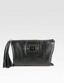A simply chic leather style with a large tassel zipper pull.Top zip closureLogo plaqueOne inside zip pocketOne inside open pocketCotton lining10½W X 7H X ¾DImported A simply chic leather style with a large tassel zipper pull.Top zip closureLogo plaqueOne inside zip pocketOne inside open pocketCotton lining10½W X 7H X ¾DImported