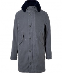 Inject a chic utilitarian edge into your outerwear wardrobe with Closeds washed grey weighty cotton parka, complete with a removable navy knit collar and full fleece lining cool enough to wear alone as a jacket - Removable navy ribbed knit wool collar, cotton spread collar underneath with hood and stand-up snapped front, hidden two-way front zip, button-down front, long sleeves, buttoned cuffs, snapped flap pockets, inside drawstring waistline, full grey fleece button-on removable lining - Classic straight fit - Wear with rugged winter boots and chic cashmere knit caps Inject a chic utilitarian edge into your outerwear wardrobe with Closeds washed grey weighty cotton parka, complete with a removable navy knit collar and full fleece lining cool enough to wear alone as a jacket - Removable navy ribbed knit wool collar, cotton spread collar underneath with hood and stand-up snapped front, hidden two-way front zip, button-down front, long sleeves, buttoned cuffs, snapped flap pockets, inside drawstring waistline, full grey fleece button-on removable lining - Classic straight fit - Wear with rugged winter boots and chic cashmere knit caps