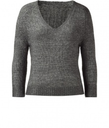 Stylish pullover in a heather grey wool-angora blend - New, short silhouette with a V-neck and stylish 3/4 sleeves - Wonderfully soft and comfortable - Feminine waist - A favorite pullover that is casual and classy - Super with wide flared pants, maxi skirts or even casual with jeans