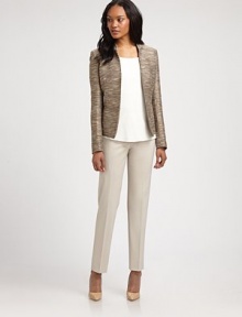 Designed to create a perfectly elegant first impression, this fitted jacket would be a welcomed addition to any wardrobe.Stand collarLong sleevesHook-and-eye closureBust dartsBack waist dartsSlash pocketsFully linedAbout 27 from shoulder to hem62% cotton/18% polyester/12% polyacrylic/4% virgin wool/3% other fibers/1% polyamideDry cleanImported of Italian fabric Model shown is 5'10 (177cm) wearing US size 4. Designed to create a perfectly elegant first impression, this fitted jacket would be a welcomed addition to any wardrobe.Stand collarLong sleevesHook-and-eye closureBust dartsBack waist dartsSlash pocketsFully linedAbout 27 from shoulder to hem62% cotton/18% polyester/12% polyacrylic/4% virgin wool/3% other fibers/1% polyamideDry cleanImported of Italian fabric Model shown is 5'10 (177cm) wearing US size 4.