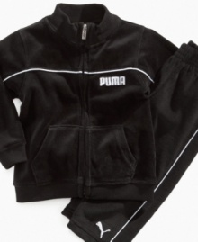 Cozy and cute, this velour track suit by Puma is perfect for playtime. Cozy and cute, this velour track suit by Puma is perfect for playtime.