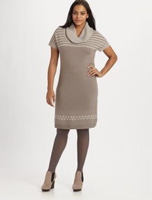 Silver stud details and a complementary duo of patterns add an element of surprise to this cozy wool blend. CowlneckShort sleevesPull-on styleAbout 39 from shoulder to hem47% wool/38% viscose/10% nylon/5% cashmereHand washImported