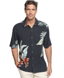 Luxurious silk makes this floral print shirt from Tommy Bahama an elevated addition to your summer style. Luxurious silk makes this floral print shirt from Tommy Bahama an elevated addition to your summer style.