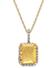 Captivating cool. This 10k gold necklace features an emerald-cut citrine (2-1/2 ct. t.w.) pendant surrounded by diamonds (1/8 ct. t.w.) for an appealing aesthetic. Approximate length: 18 inches. Approximate drop: 3/4 inch. Captivating cool. This 10k gold necklace features an emerald-cut citrine (2-1/2 ct. t.w.) pendant surrounded by diamonds (1/8 ct. t.w.) for an appealing aesthetic. Approximate length: 18 inches. Approximate drop: 3/4 inch.
