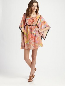 A lively print meets playful pom-pom details and a relaxed silhouette, making this a perfect coverup.Self-tie detail at necklineCord endsKimono sleevesContrast pom-pom trim74% cotton/26% silkDry cleanMade in USA of imported fabric A lively print meets playful pom-pom details and a relaxed silhouette, making this a perfect coverup.Self-tie detail at necklineCord endsKimono sleevesContrast pom-pom trim74% cotton/26% silkDry cleanMade in USA of imported fabric