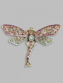 An absolutely stunning heirloom piece that flutters about the lapel or sweater, beautifully handcrafted in brass ox-plated pewter with Swarovski crystal embellishment. Swarovski crystals Brass ox-plated pewter 3¾ X 2¾ Pin backing Made in USA An absolutely stunning heirloom piece that flutters about the lapel or sweater, beautifully handcrafted in brass ox-plated pewter with Swarovski crystal embellishment. Swarovski crystals Brass ox-plated pewter 3¾ X 2¾ Pin backing Made in USA