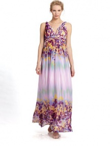 A flowy piece in bright, summery florals styled with an Empire waist and shirred bust and waistband.Knot detail at shoulders Double V neckline Shirred bust and waistband Back zipper Fully lined About 61 from shoulder to hem Polyester Dry clean Imported